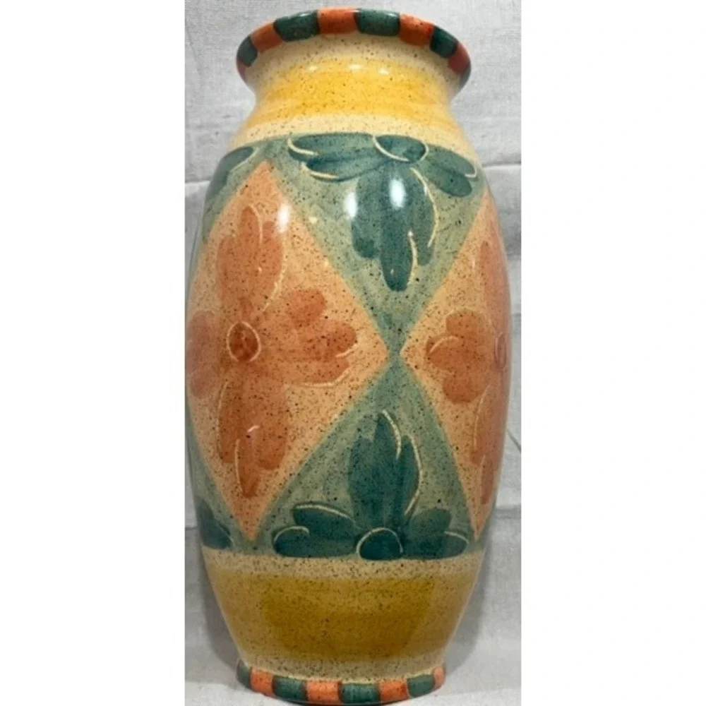 Horchow Italy Hand Painted Ceramic Vase Floral Geometric Art Pottery 14
